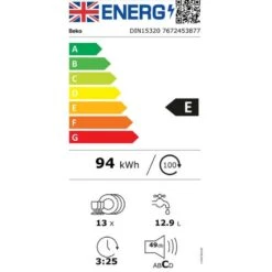 Beko DIN15320 Integrated 5 Programme Dishwasher - White -Home Kitchen b e beko din15320 energy label