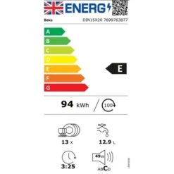 Beko DIN15X20 Integrated 5 Programme Dishwasher - White -Home Kitchen b e beko din15x20 energy label