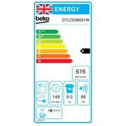Beko DTLCE90051W Freestanding 9kg Condenser Tumble Dryer - White -Home Kitchen beko dtlce90051w energy label 1
