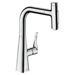 Hansgrohe Metris Select M71 Single Lever Kitchen Mixer Tap 240 With Pull-Out Spray & Sbox 2 Spray Modes - Chrome - 73817000