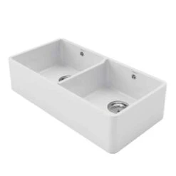 Rangemaster Farmhouse Belfast Ceramic 2 Bowl Sink 895x460mm - White - CFBL900WH/ -Home Kitchen r a rangemaster cfbl900wh side view